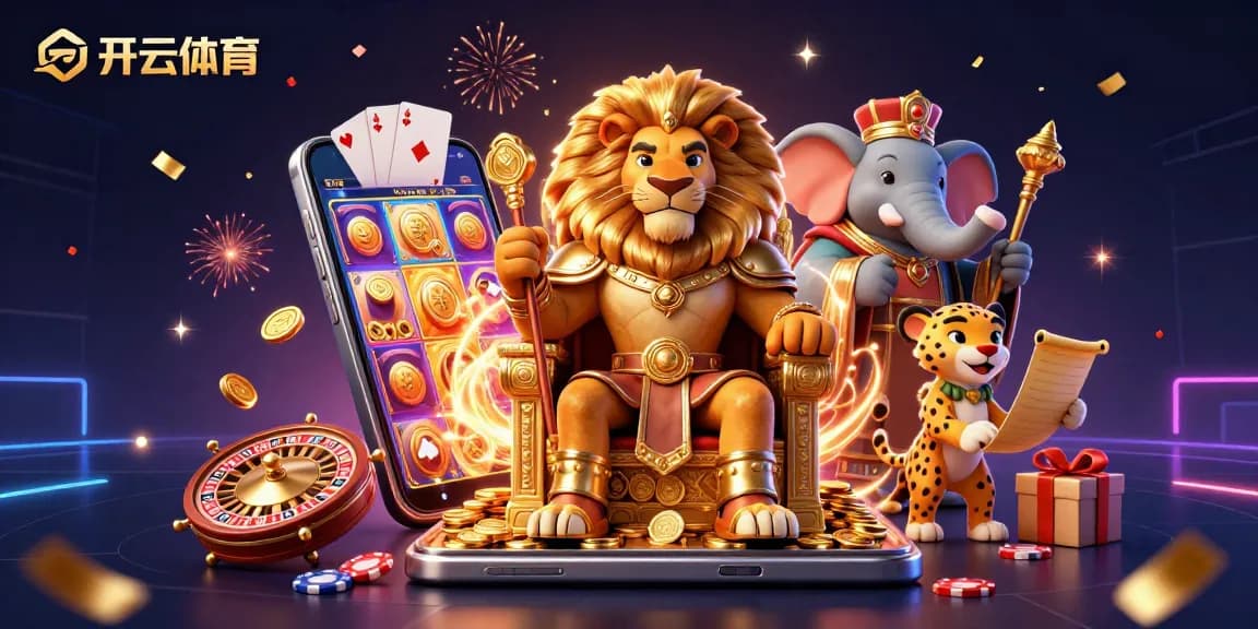 Experience excitement with 开云体育 in a vibrant 3D illustration featuring a lion king and dynamic casino elements.