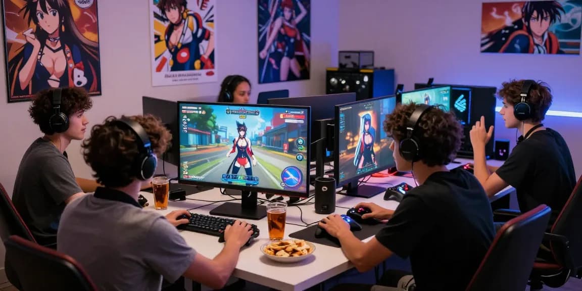Group playing a hentai game together in a cozy gaming room