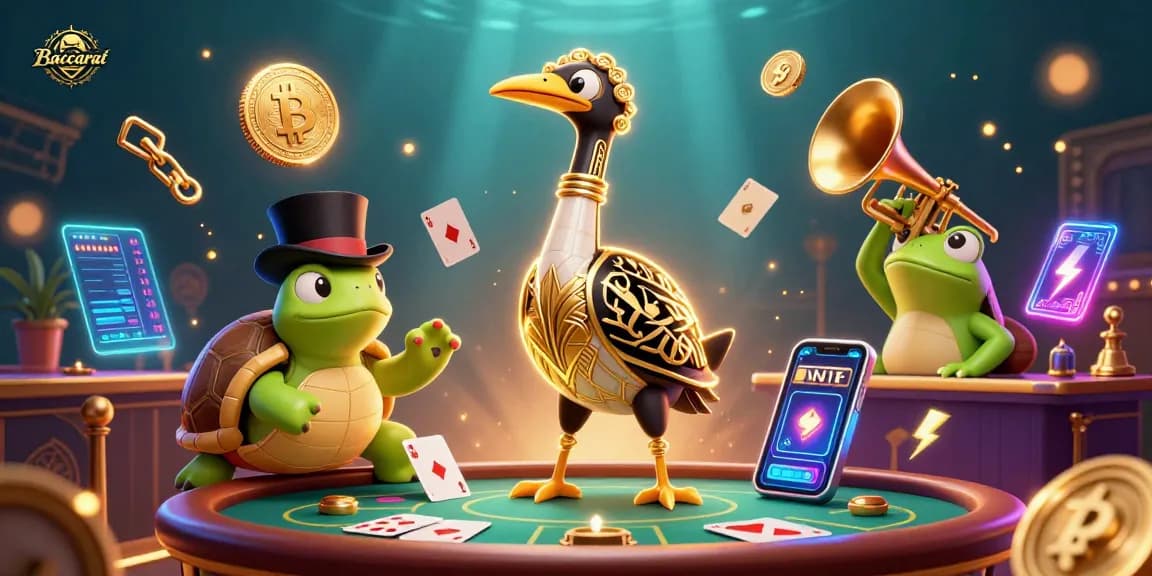 Engage with Baccarat at a vibrant casino scene with dynamic characters, cards, and crypto elements.
