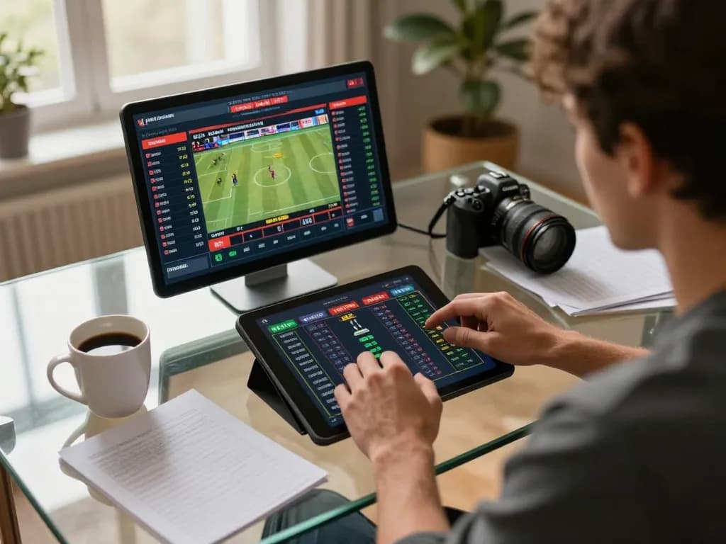 Engaging online sports betting session at https://goal123.ac/ with live odds displayed on tablet and strategic notes.