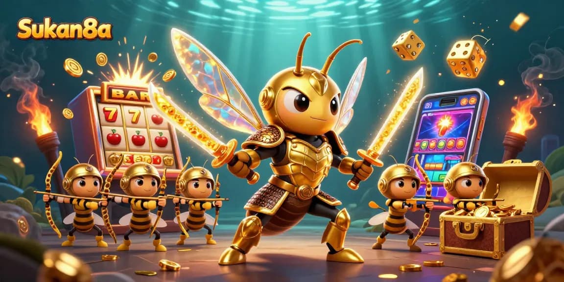 Sukan8a features a dynamic illustration of a golden hornet samurai amidst an explosive casino scene with slot machines and gold.