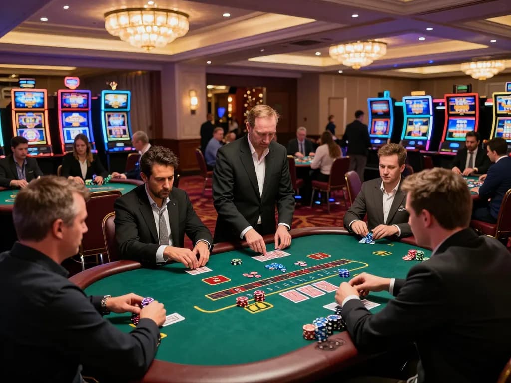 Players enjoying exciting blackjack action at hello88 casino floor, focusing on strategy and winning moves.