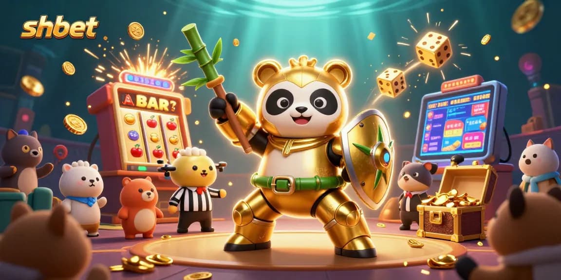 Experience the thrilling action at shbet with a dynamic 3D scene featuring a golden panda and jackpot coins.