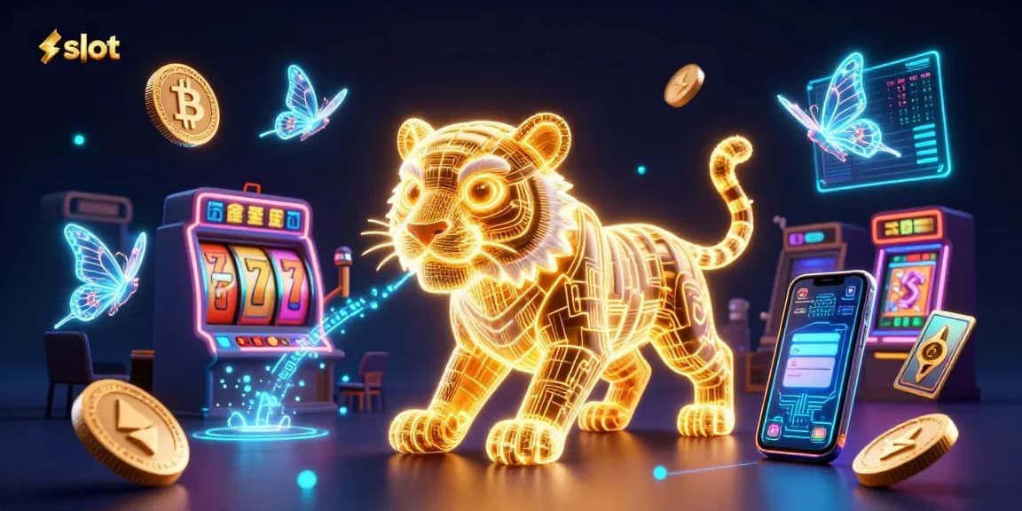 Spin vibrant slot machines while enjoying a 3D casino illustration with a neon tiger and crypto coins.