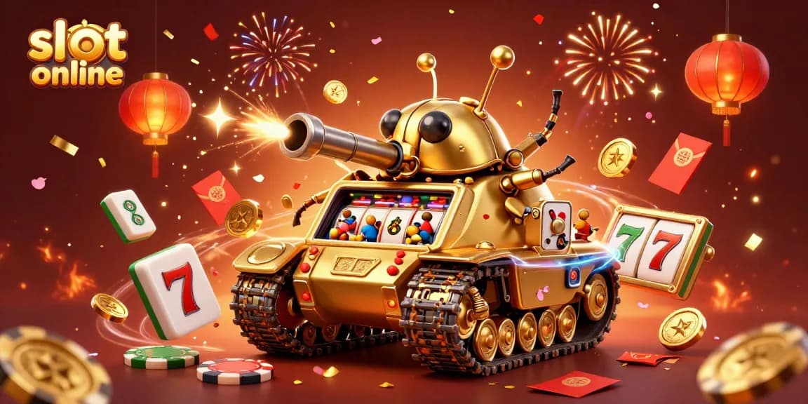 Engage in exciting slot online adventures with a vibrant 3D casino scene full of winning symbols and festive elements.