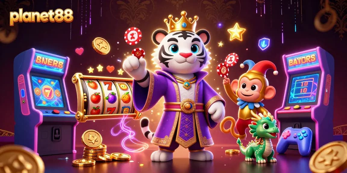 Experience the excitement of winning at planet88 with an enchanting 3D casino illustration showcasing vibrant characters and games.