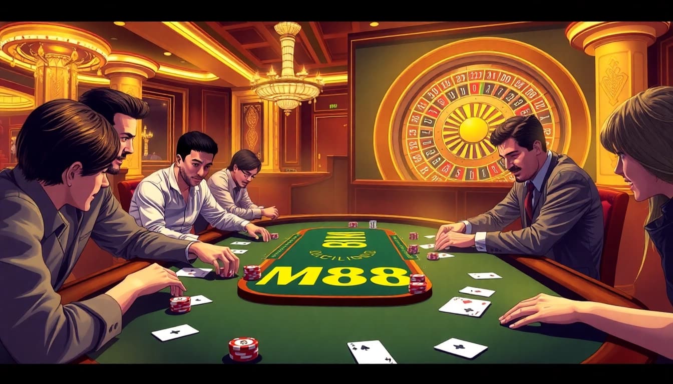Players strategizing at the M88 casino poker table with vibrant atmosphere and poker chips