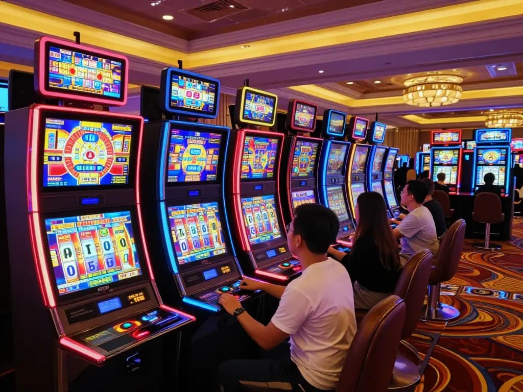 Players enjoying vibrant slot machines at a situs gacor casino, capturing the thrill of gameplay.