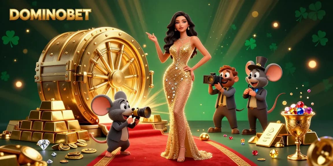 Experience the thrill of DOMINOBET with a glamorous 3D casino scene showcasing rich treasures and excitement.