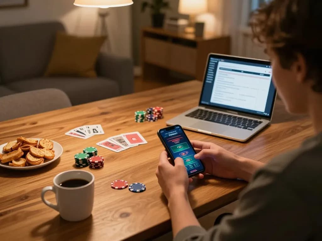 Engaging IWIN online gaming session with smartphone and cards on table.