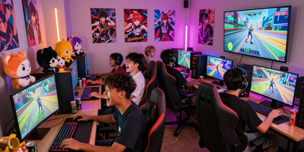 Engaging scene of gamers enjoying gay hentai games in a vibrant, anime-inspired gaming room atmosphere.