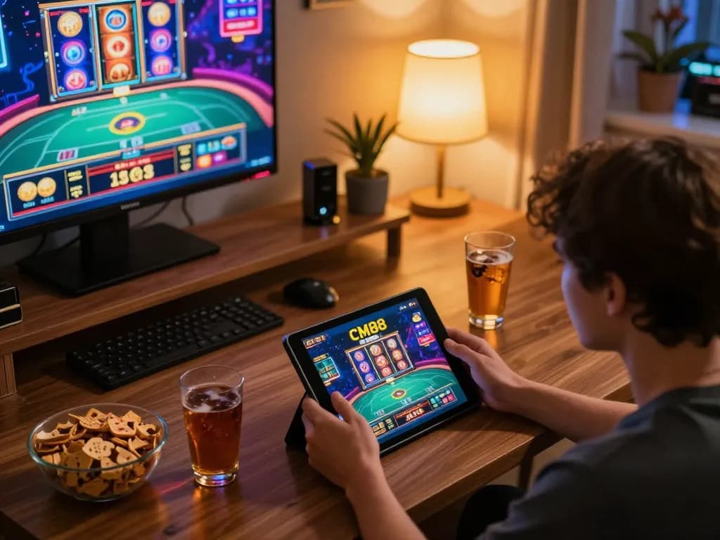 Player engaging in CM 88's online casino app on a tablet during a cozy home game night.