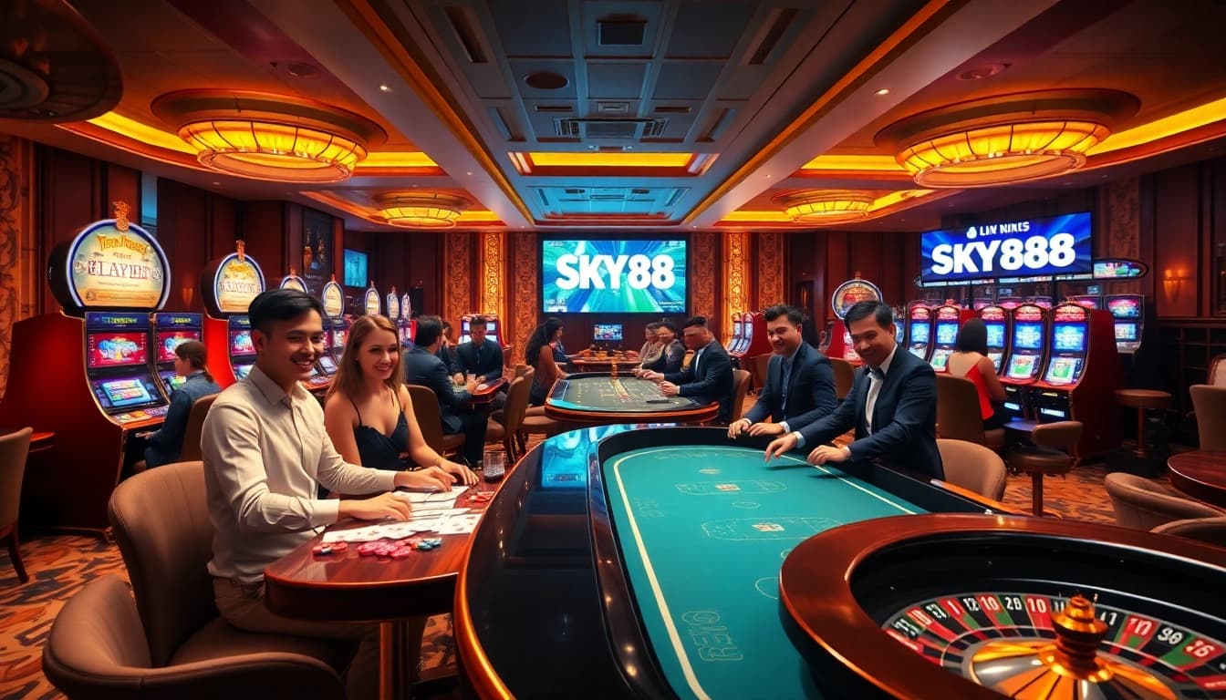 Players enjoying thrilling casino games at SKY88 with vibrant roulette wheel and poker chips.