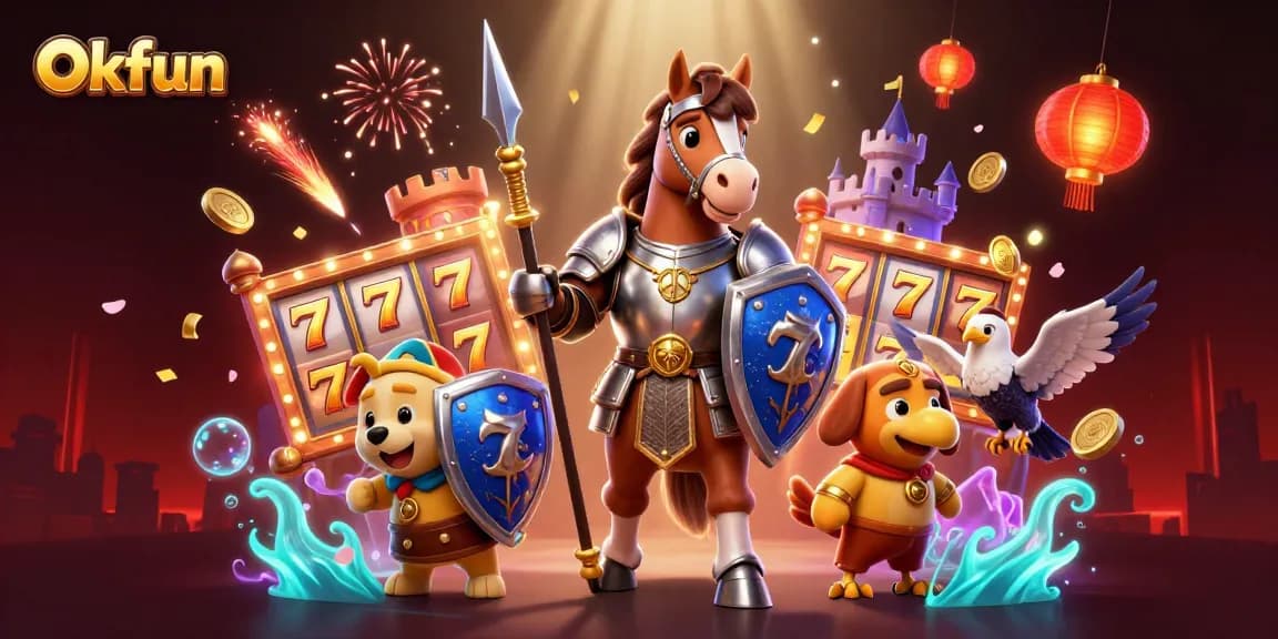 Experience thrilling gaming action with Okfun in a vibrant 3D casino scene filled with slot elements.