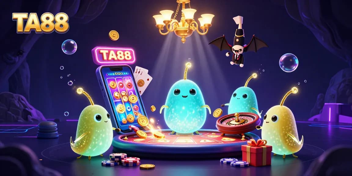 Experience the magic of TA88 with glowworms lighting a vibrant casino scene, featuring energetic game elements.