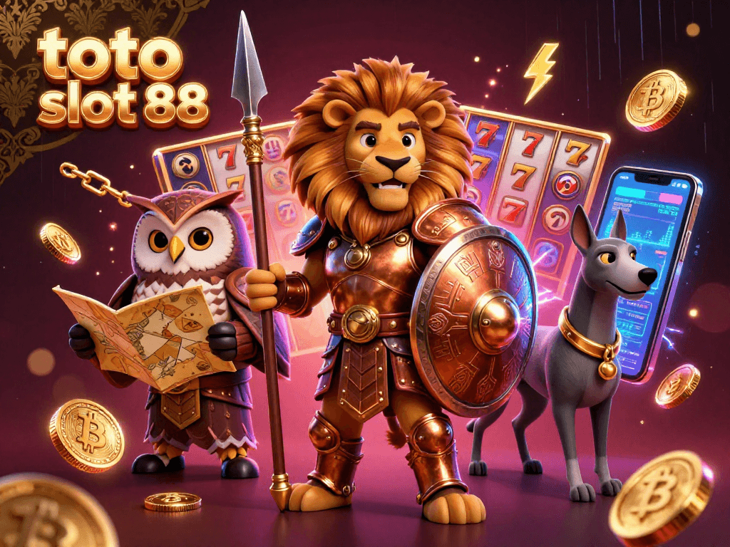 Engage with toto slot 88 in an exciting 3D casino scene featuring a Spartan lion, owl strategist, and greyhound messenger.