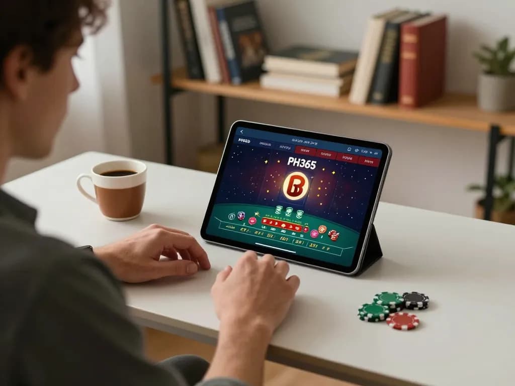 Player enjoying live blackjack on ph365.cx app in a cozy home setting with poker chips.