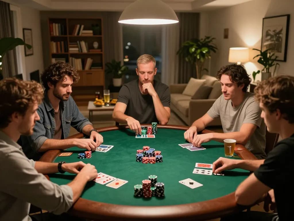 Friends enjoying a lively poker game at home, showcasing god55 gaming excitement and camaraderie.