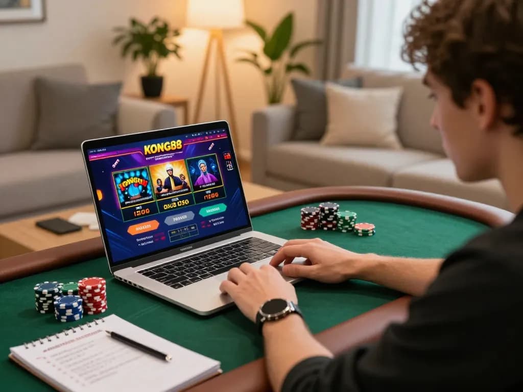 KONG88 player enjoying online casino experience with vibrant game interface and strategic notes.