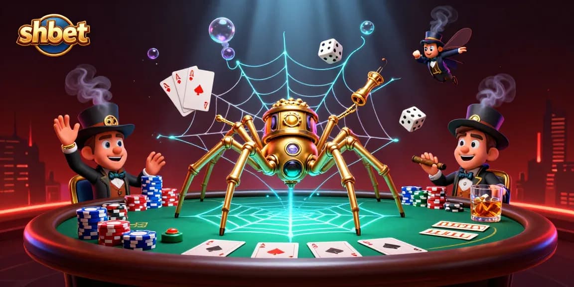 Experience the thrill of shbet as a steampunk spider weaves a web of poker chips and fortune.