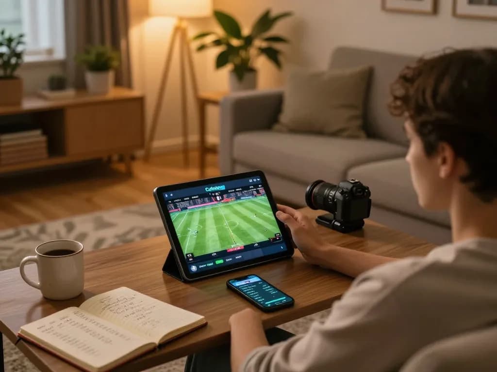 CakhiaTV user engaged in live betting from home, showcasing a lively football game on tablet.