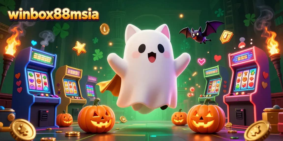 Join the fun at winbox88msia with a ghost cat, vampire bat, and glowing slot machines!