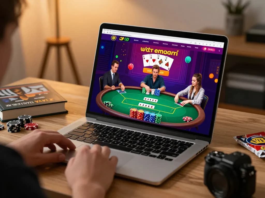 Players engaging with Sunwin online poker game on a laptop, illustrating interactive gaming experience