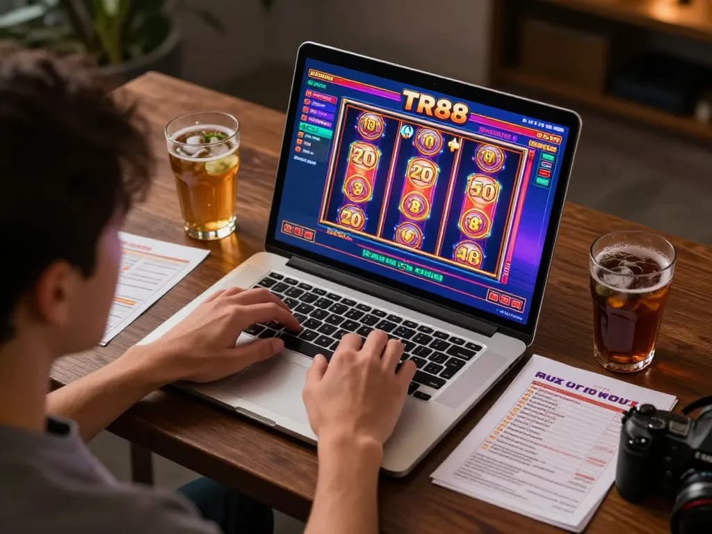 Player engaging with TR88 online casino slot game on laptop, showcasing responsible gambling and strategy.