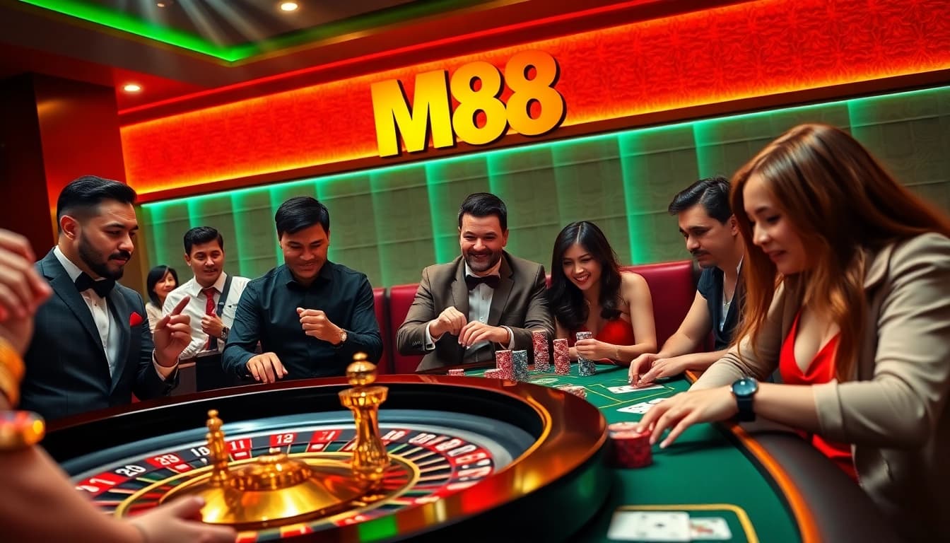 M88 players enjoying a lavish casino experience with roulette and poker games.