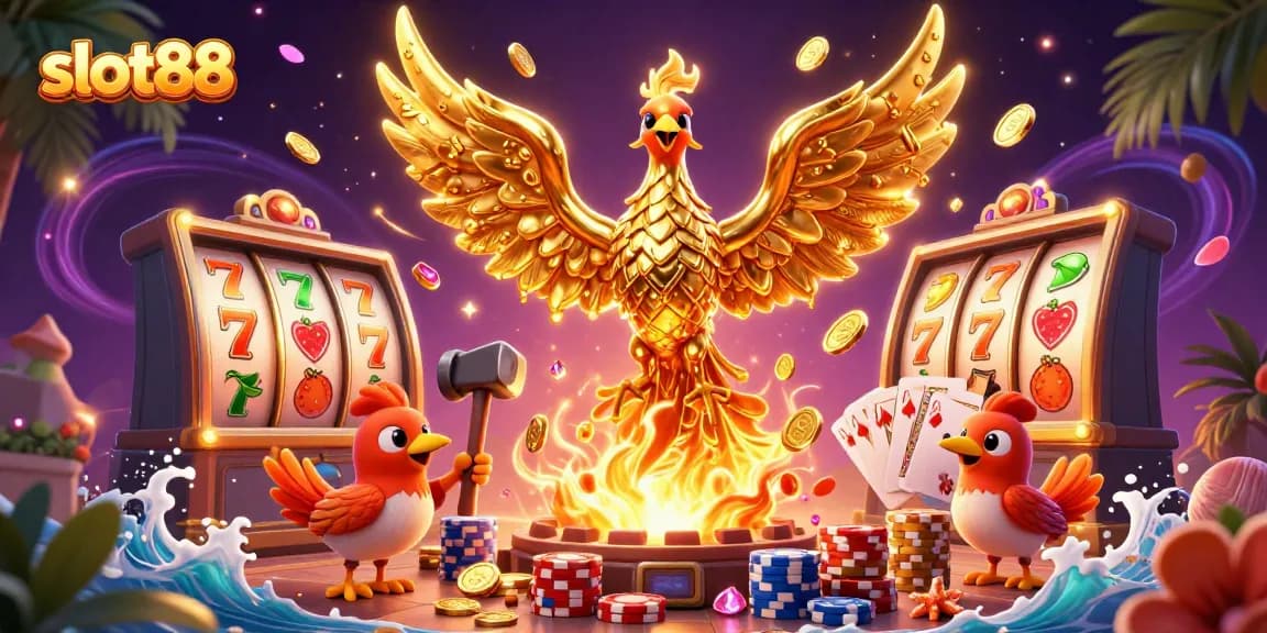 Menangkan slot88 dengan phoenix emas dan simbol keberuntungan dalam adegan kasino yang menggembirakan.