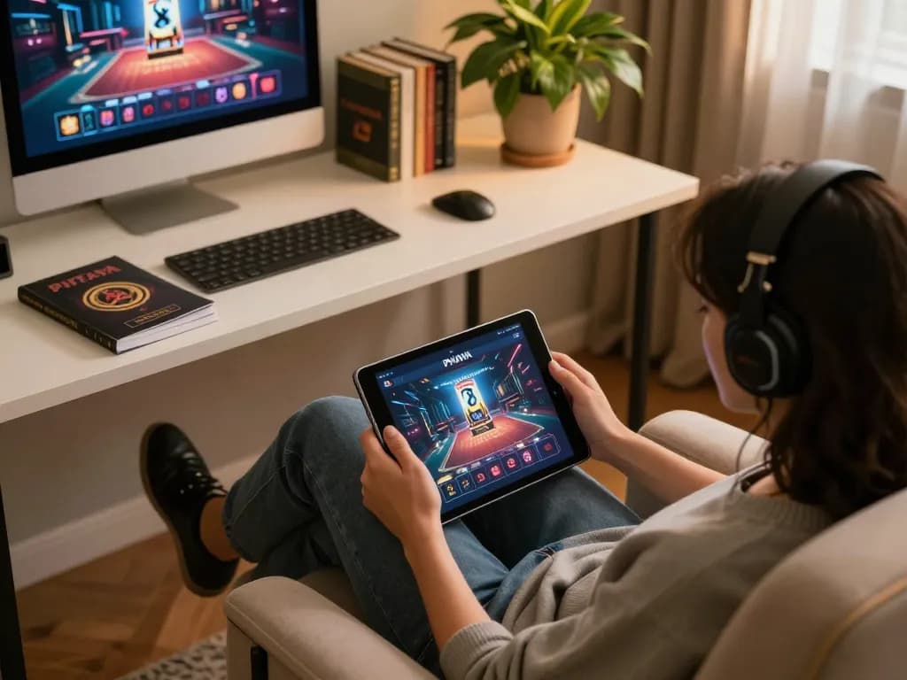 Engaged player using the PHTAYA app on a tablet for online gambling, highlighting responsible gaming practices