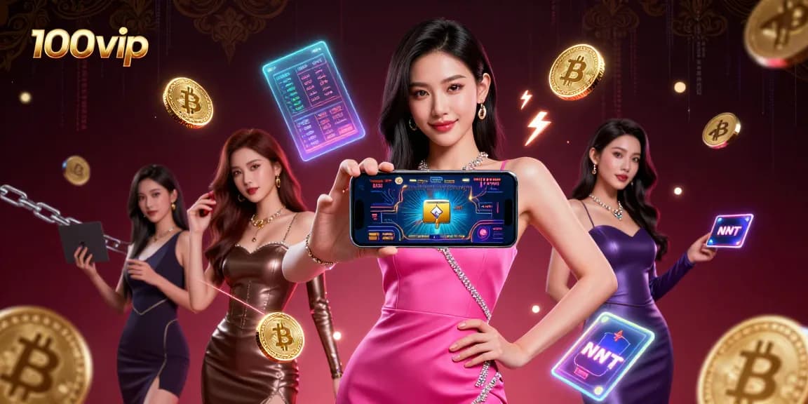 Engage in thrilling live casino action with 100vip, showcasing an Asian woman in vibrant style.