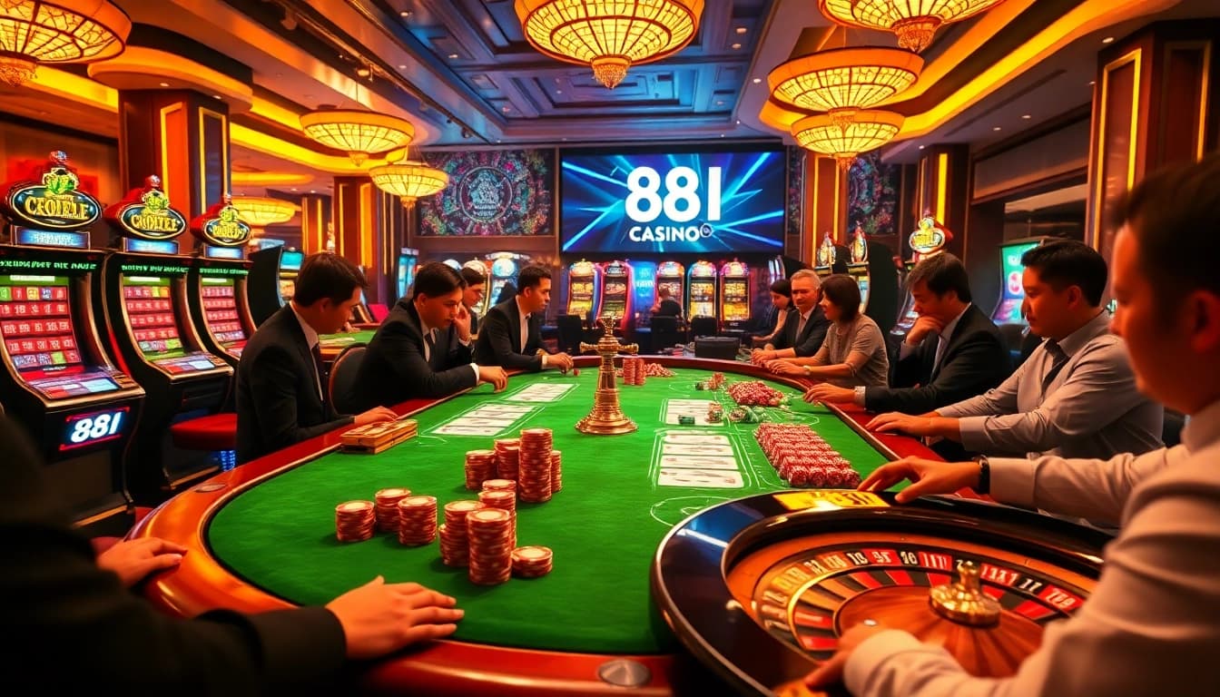 Experience thrilling gameplay at 88I's luxurious casino, with vibrant tables and eager players.