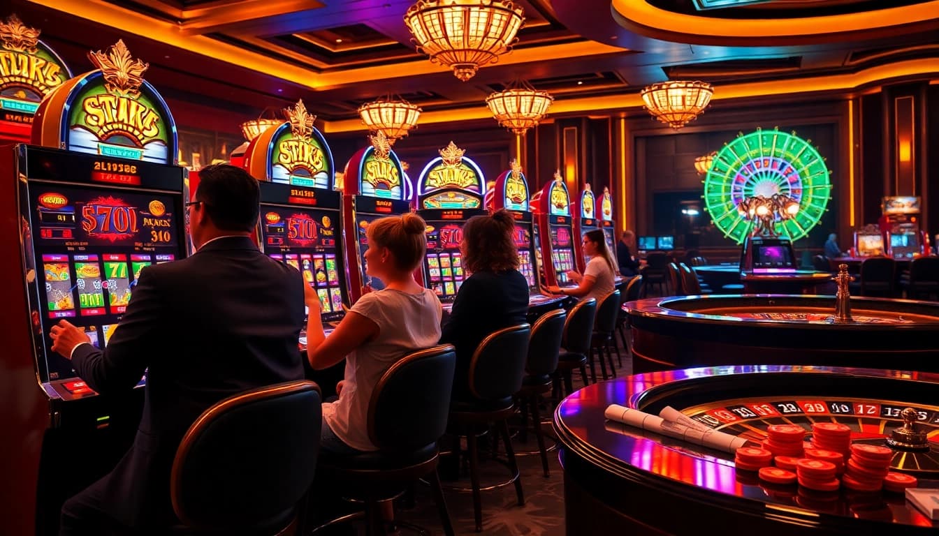 Engaged players winning big at slot88 machines in a glamorous casino setting.