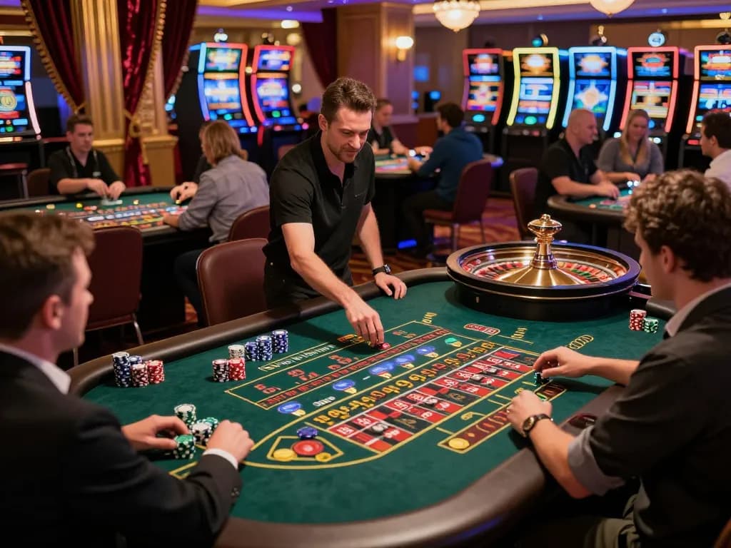 Leci123 players engaging in thrilling roulette gameplay on an upscale casino floor.