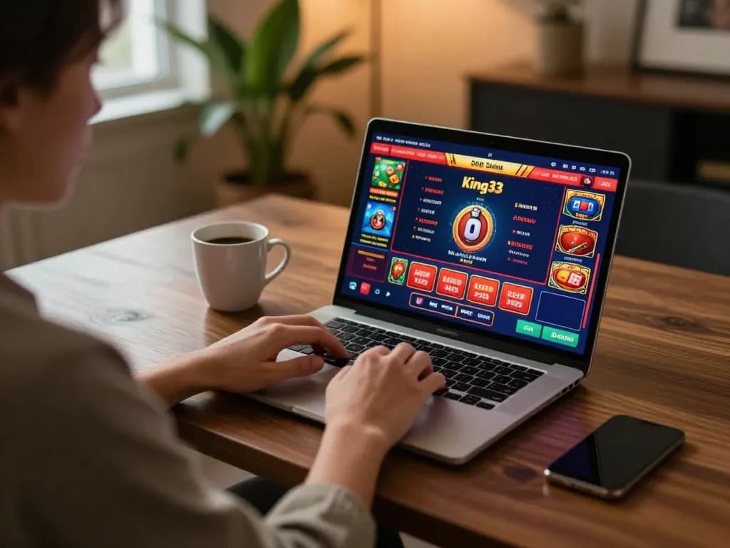 Engaged player strategizing on king33 online casino game interface during a cozy evening session