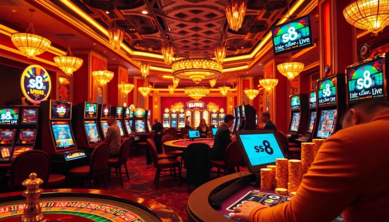 S8 live gaming experience in a luxurious casino with active players and vibrant slot machines.