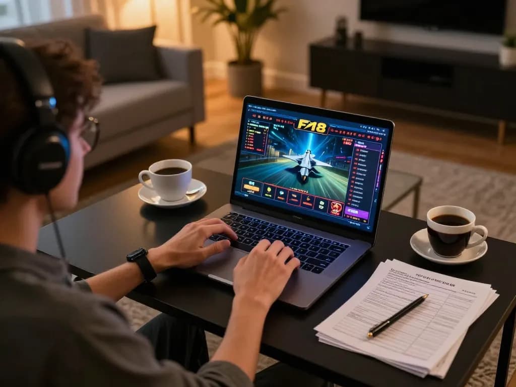 Engaging in strategic online gaming on F168's platform with a laptop and coffee.