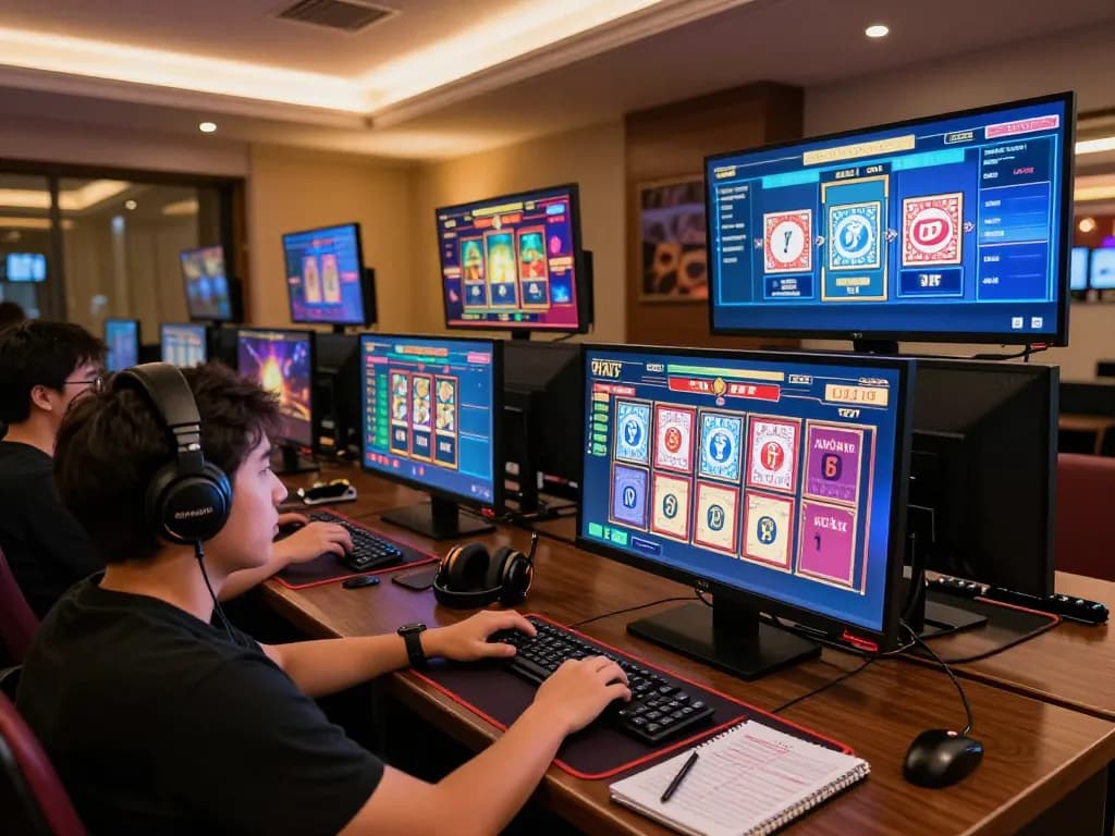 Engaged player at home using FB88 for online gambling with vibrant game displays and strategy notes.