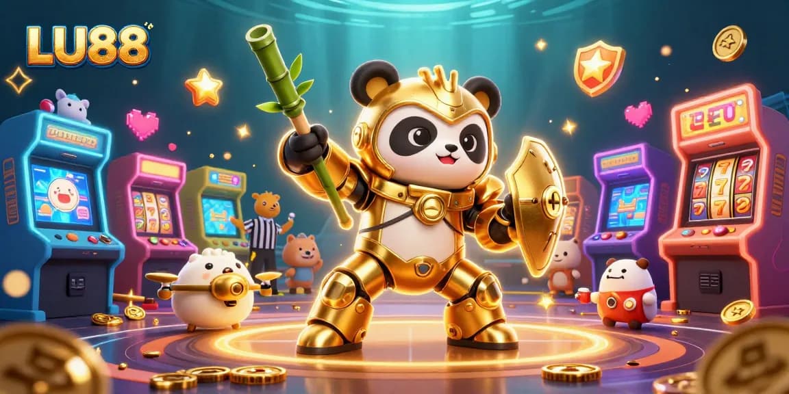 LU88 showcases an exciting mech-suit panda robot amid vibrant gaming elements and cheering animals.