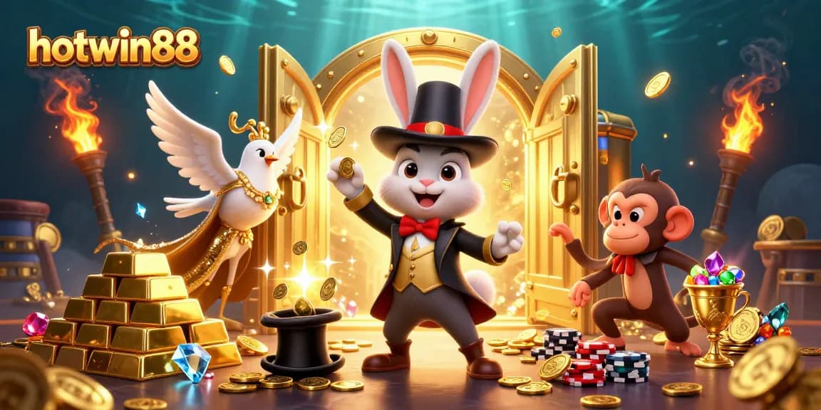 Experience the excitement of hotwin88 with a charming magician rabbit revealing treasures of gold and poker chips.