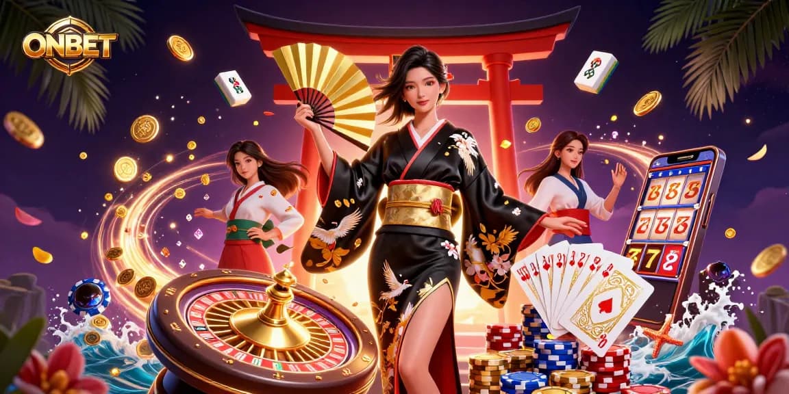 Join the fun at ONBET with spinning roulette and a vibrant casino scene featuring elegant Asian characters.