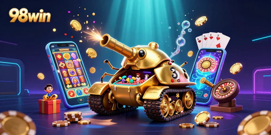 Win big at 98win with an ultra-detailed 3D casino scene featuring a magical golden beetle tank.
