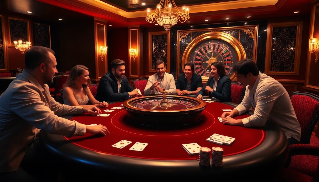 Players enjoying a thrilling poker game at B52club casino with vibrant chips and cards.