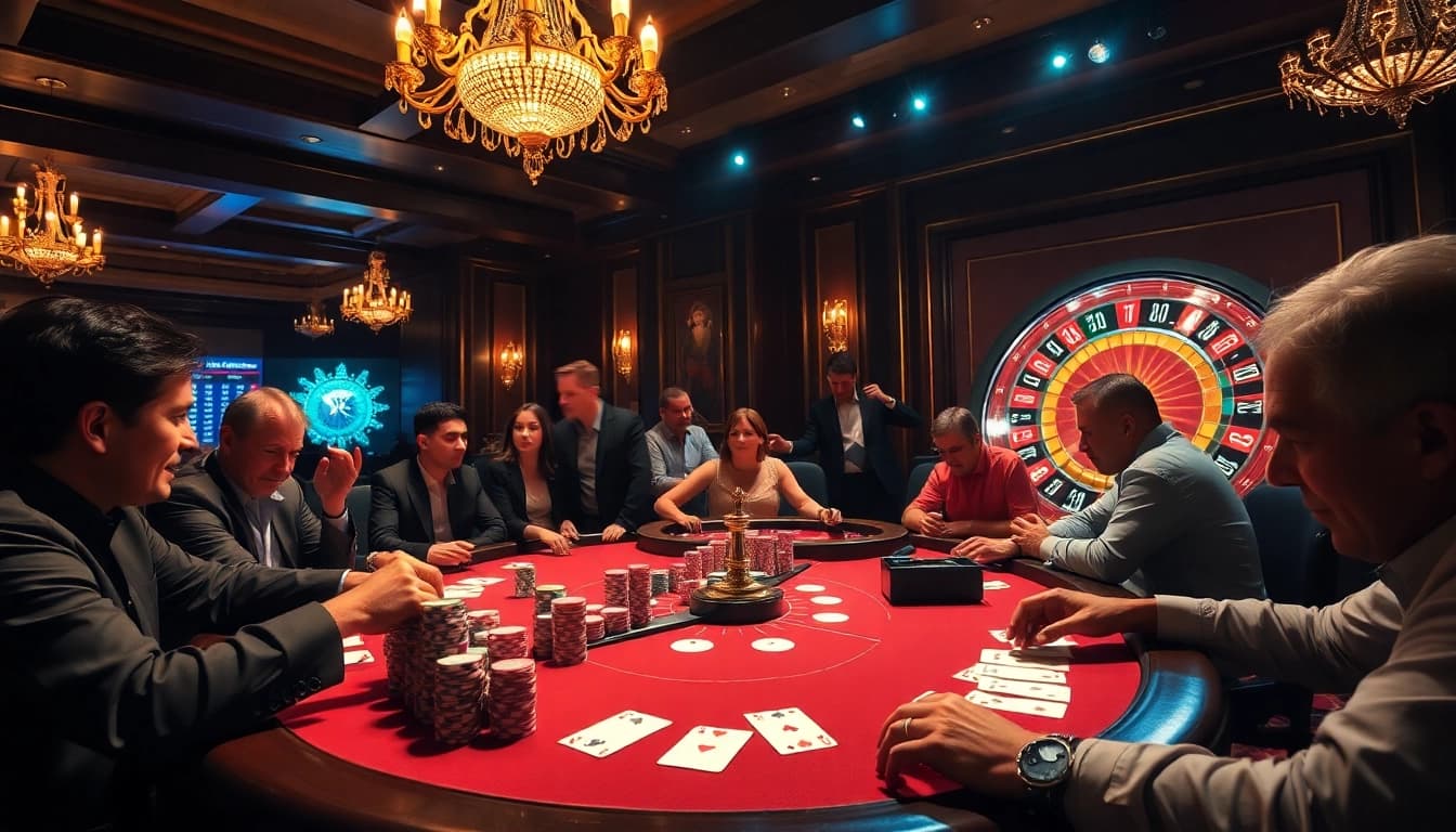 8day gambler placing chips at a luxurious poker table in an upscale casino environment.