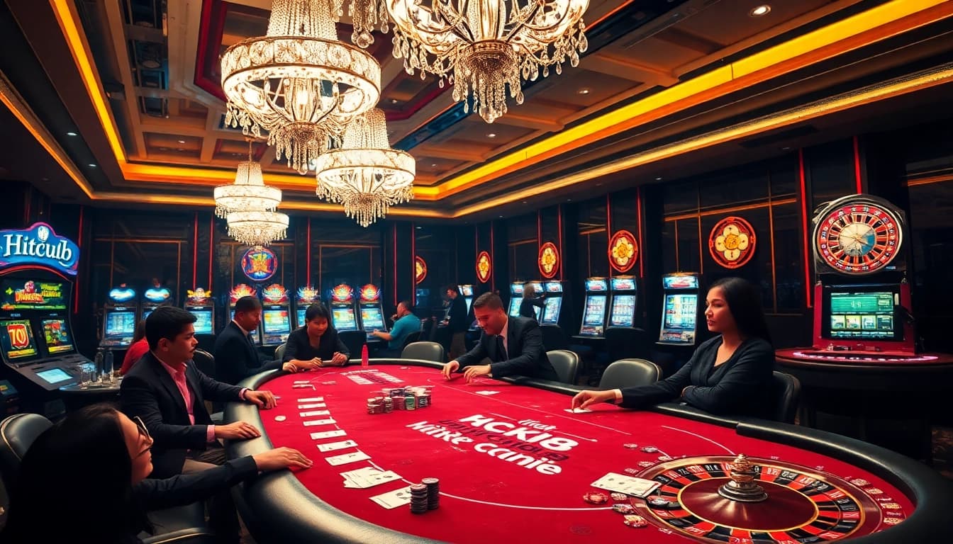 hitclub gamblers at an elegant poker table in a luxury casino setting