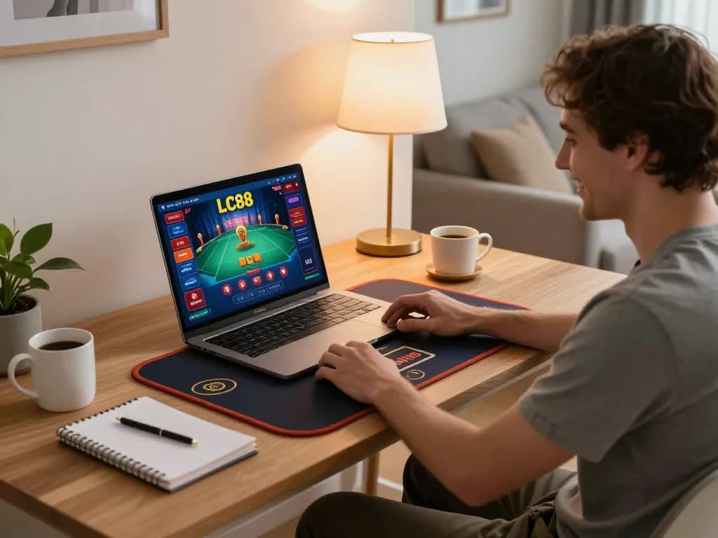 Player engaging with live dealer games at LC88VINA in a cozy home environment.