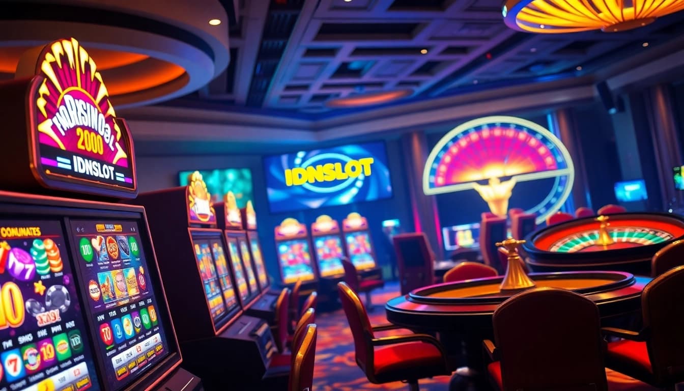 IDNSLOT players celebrating a jackpot win at vibrant slot machines in a luxurious casino setting.