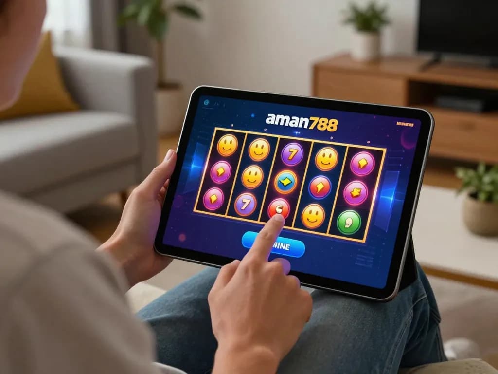Permainan online yang menarik dengan aman788 slot online ditampilkan di tablet di dalam pengaturan ruang tamu yang nyaman