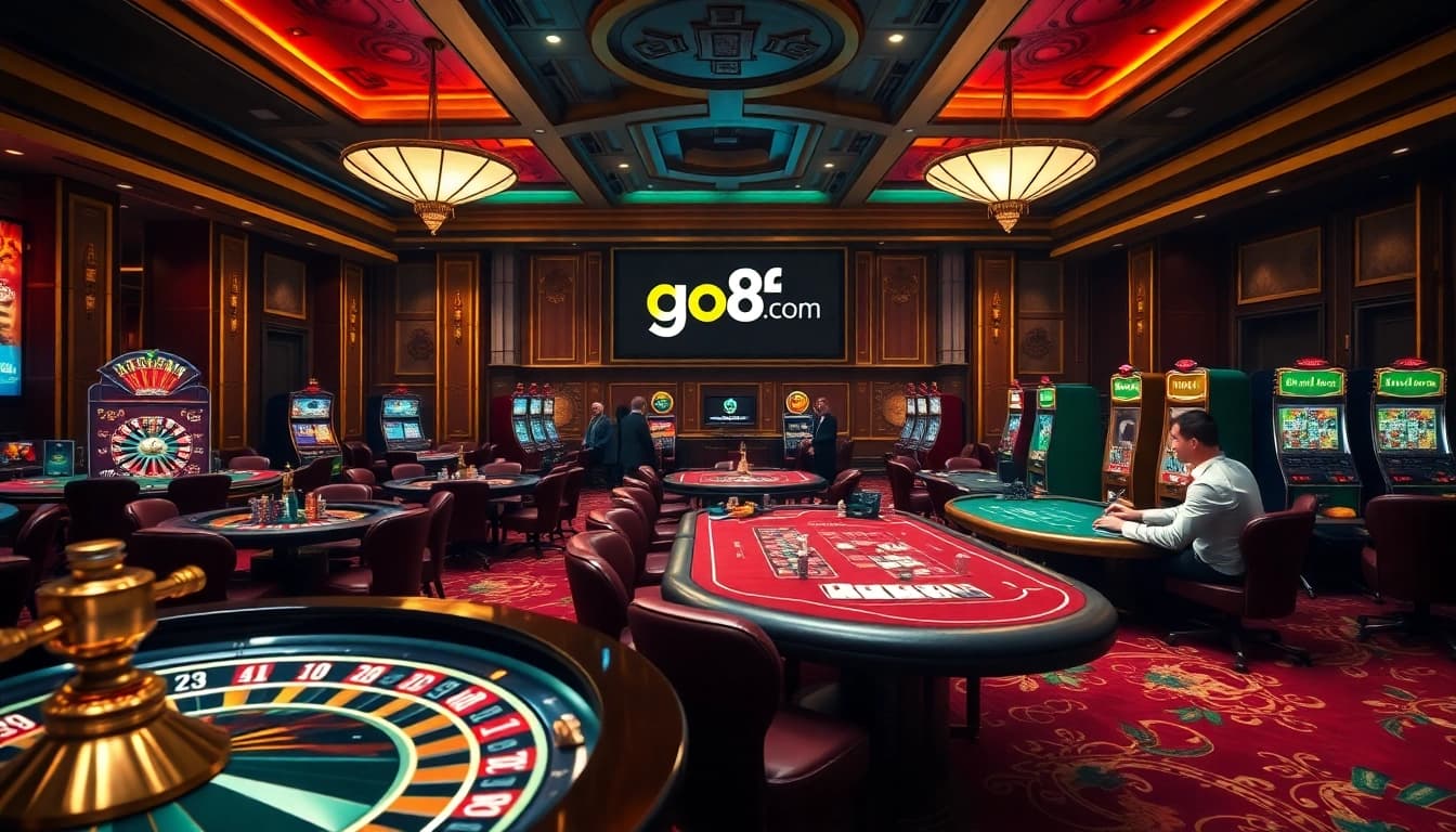 Players enjoying thrilling games at https://go8f.com/, featuring vibrant casino tables and exciting gambling action.